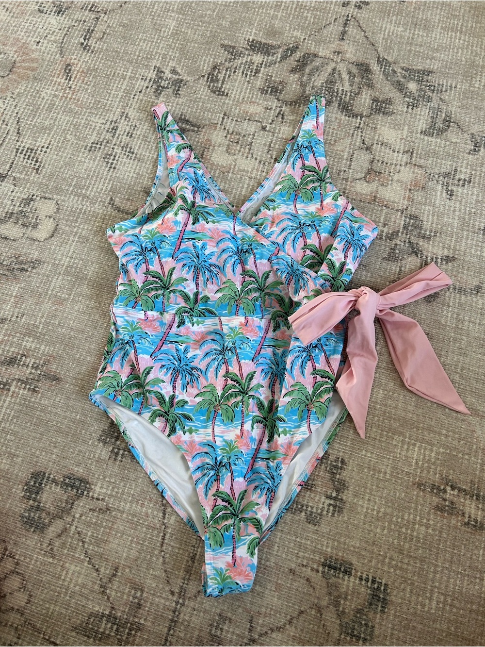 Caden Lane Tropical Palm One-Piece Swimsuit with Pink Bow